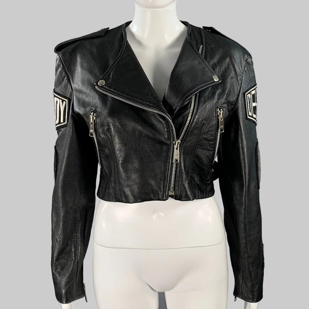 JOHN RICHMOND Size M Black Silver Leather Patches Zip Pockets Biker Jacket